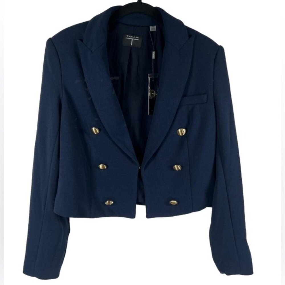 Tahari Navy Double-Breasted Cropped Blazer